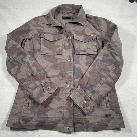 Prana Jacket Womens Small Gray Brown Camuoflauge Canvas Snap Button - Picture 1 of 10